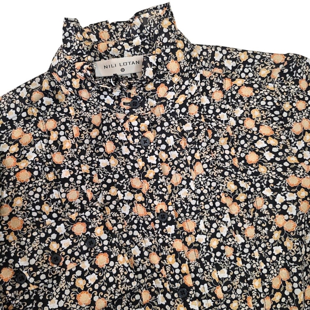 Nili Lotan x Target Women XXS Blouse Black‎ Floral Ruffle Neck Pleated F16872401